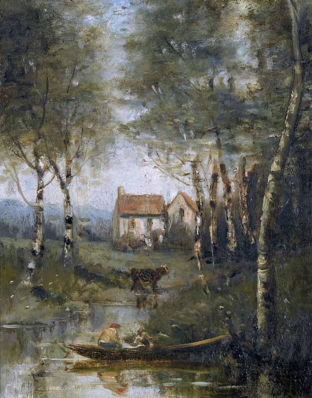 Jean-Baptiste-Camille Corot La riviere en bateau et la maison